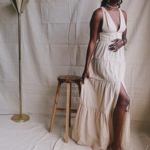 Fall Maxi Dress Cotton Linen Khaki NEW Formal Minimalist Long Party Wedding